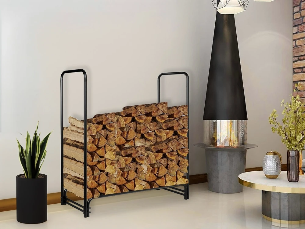 Metalinis malkinės stovas Mansur, milteliniu būdu dengtas plienas, 122 cm aukščio, juodas, malkų laikiklis namams, malkinė dėžė