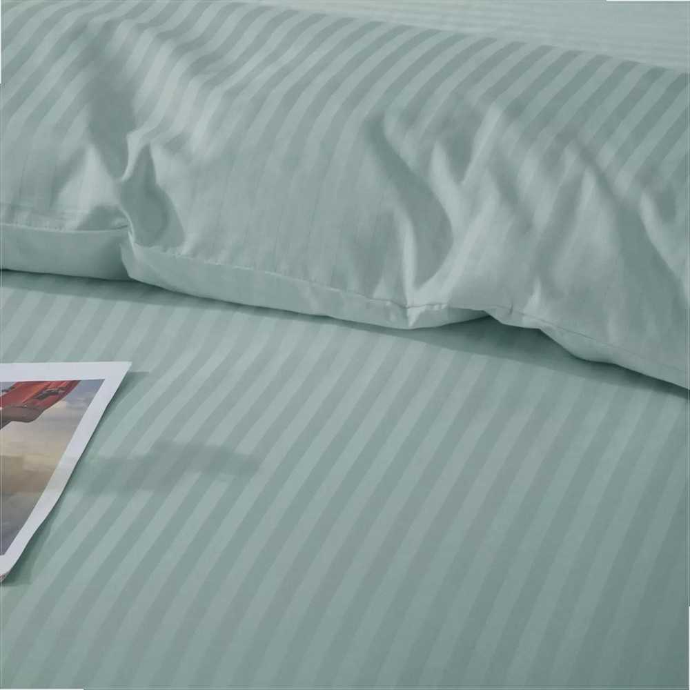 Mėtų spalvos dryžuotas damasto patalynės komplektas 140x200 cm, medvilninio satino patalynė, viešbučio kokybės patalynė, orui laidi patalynė, mėtų žalios spalvos patalynė, antklodės užvalkalas