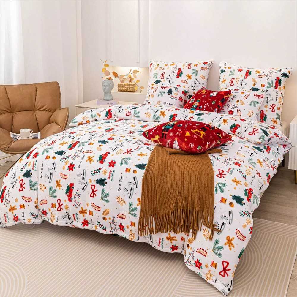 Mikropluošto patalynės komplektas, 140x200 cm, jaukus pliušinis patalynės komplektas, baltas kalėdinis meškiukas, minkštas patalynės komplektas, šilta patalynė