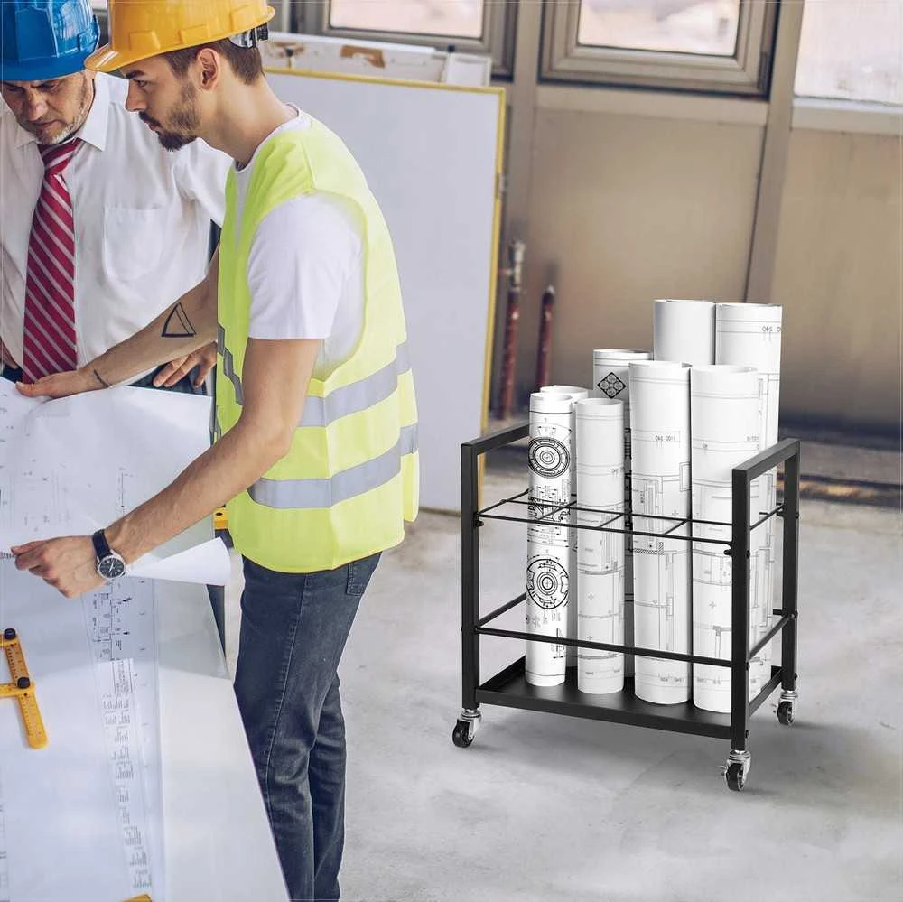 Mobilus brėžinių laikymo stovas su ratukais, 12 skyrių metalinis laikiklis brėžiniams ir žemėlapiams, ritininių dokumentų tvarkyklė biurui ir mokyklai