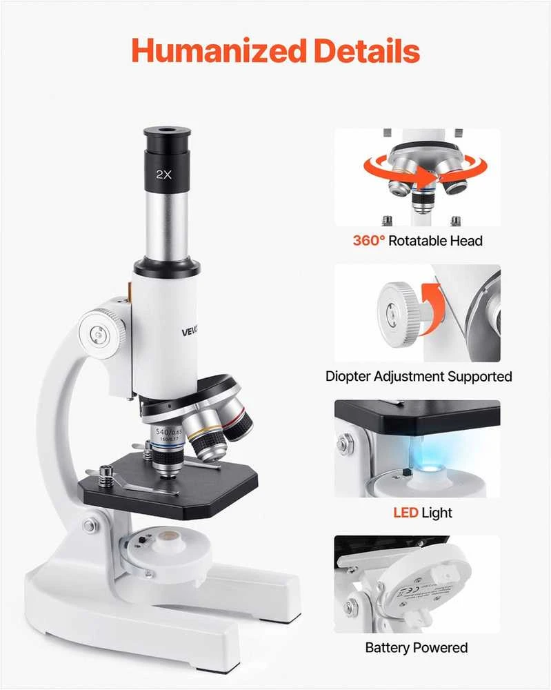 Monokuliarinis mikroskopas suaugusiems, profesionalus sudėtinis rinkinys su 40-2000x didinimu, aliuminio lydinio konstrukcija, LED šviesa ir telefono laikikliu, edukacinis laboratorinis mikroskopas
