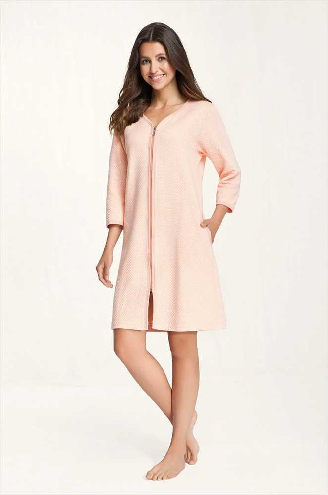 Moteriškas medvilninis chalatas, kelių ilgio su 7/8 rankovėmis, užtrauktukas su kišenėmis, žakardinis audimas, namų apranga, naktiniai drabužiai