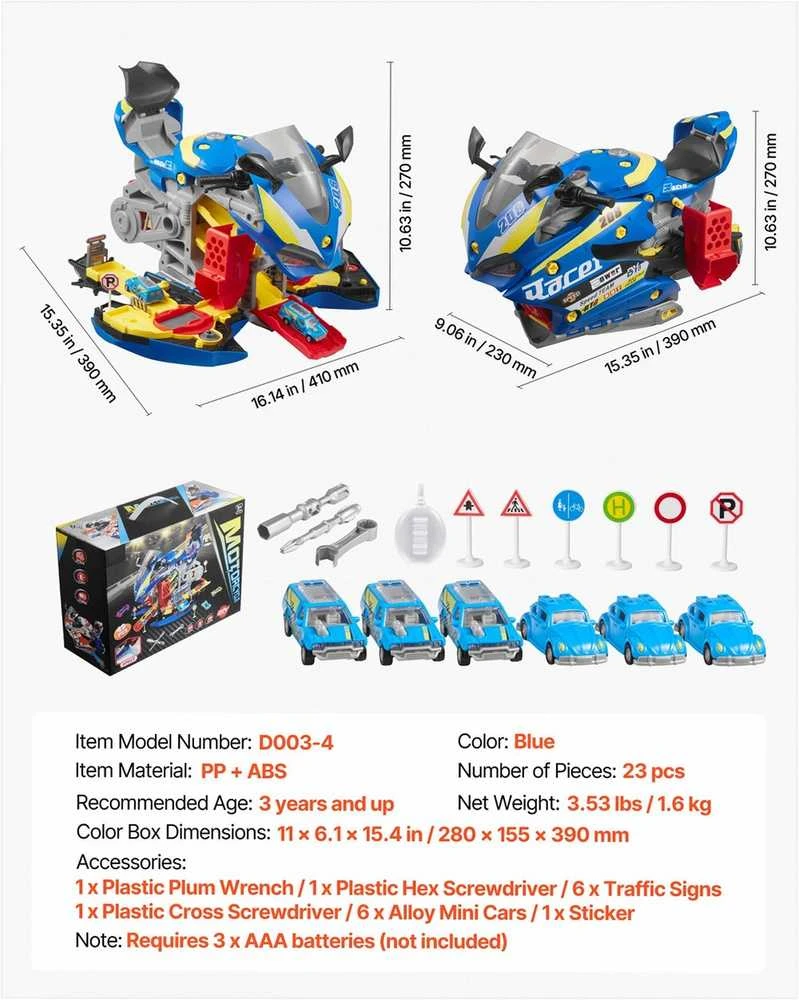 Motociklo mechaniko žaislas vaikams su išimamomis dalimis, šviesomis ir garsais, 6 viename transformuojamas žaidimas, mėlynas motociklo variklio žaislas, vaikiškų dirbtuvių rinkinys