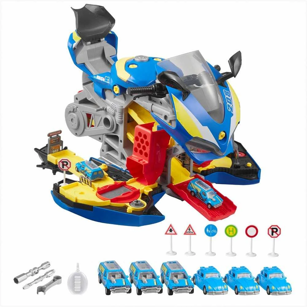 Motociklo mechaniko žaislas vaikams su išimamomis dalimis, šviesomis ir garsais, 6 viename transformuojamas žaidimas, mėlynas motociklo variklio žaislas, vaikiškų dirbtuvių rinkinys
