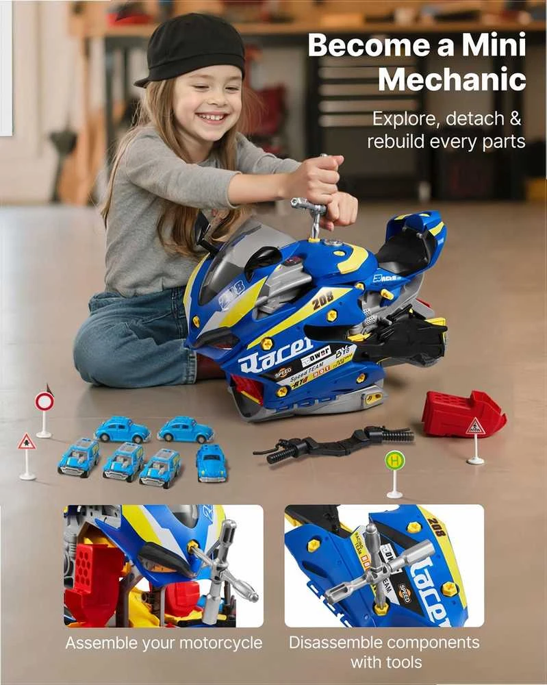 Motociklo mechaniko žaislas vaikams su išimamomis dalimis, šviesomis ir garsais, 6 viename transformuojamas žaidimas, mėlynas motociklo variklio žaislas, vaikiškų dirbtuvių rinkinys