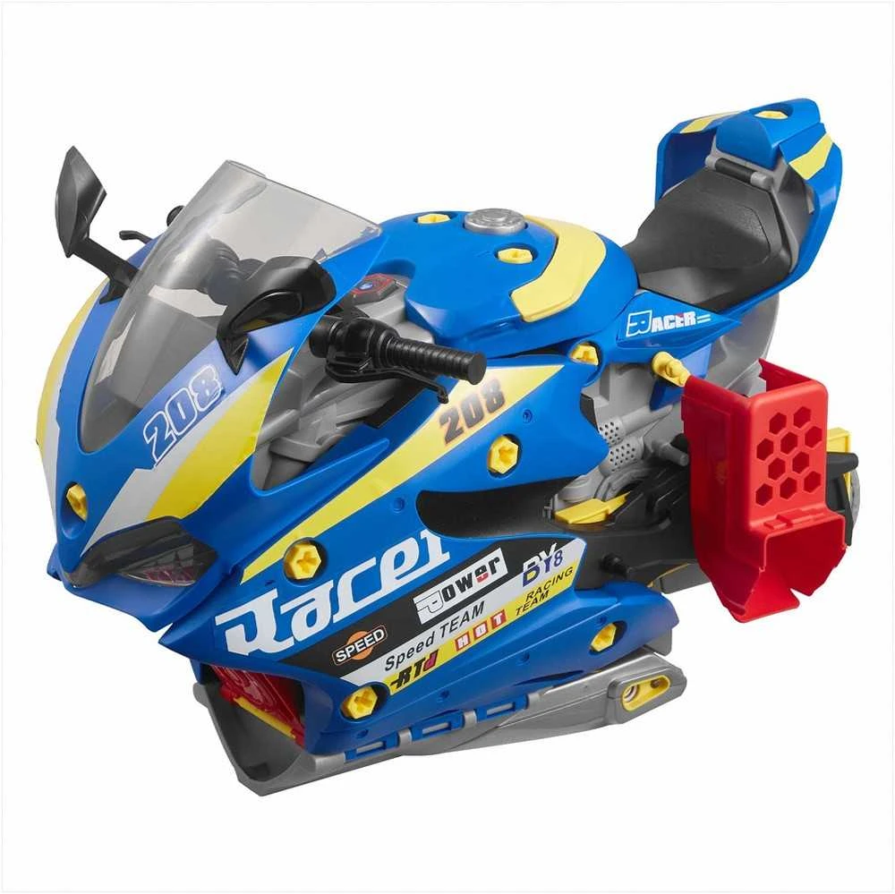 Motociklo mechaniko žaislas vaikams su išimamomis dalimis, šviesomis ir garsais, 6 viename transformuojamas žaidimas, mėlynas motociklo variklio žaislas, vaikiškų dirbtuvių rinkinys