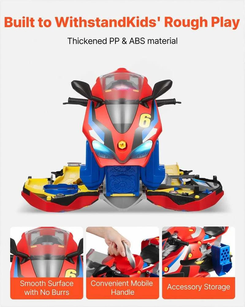 Motociklo mechaniko žaislas vaikams su nuimamomis dalimis, šviesomis ir garsais, STEM mokymosi rinkinys su lenktynių trasa, 6-in-1 žaidimas, motociklo variklio žaislas, vaikiškų dirbtuvių rinkinys, mechaniko žaislas mažyliams
