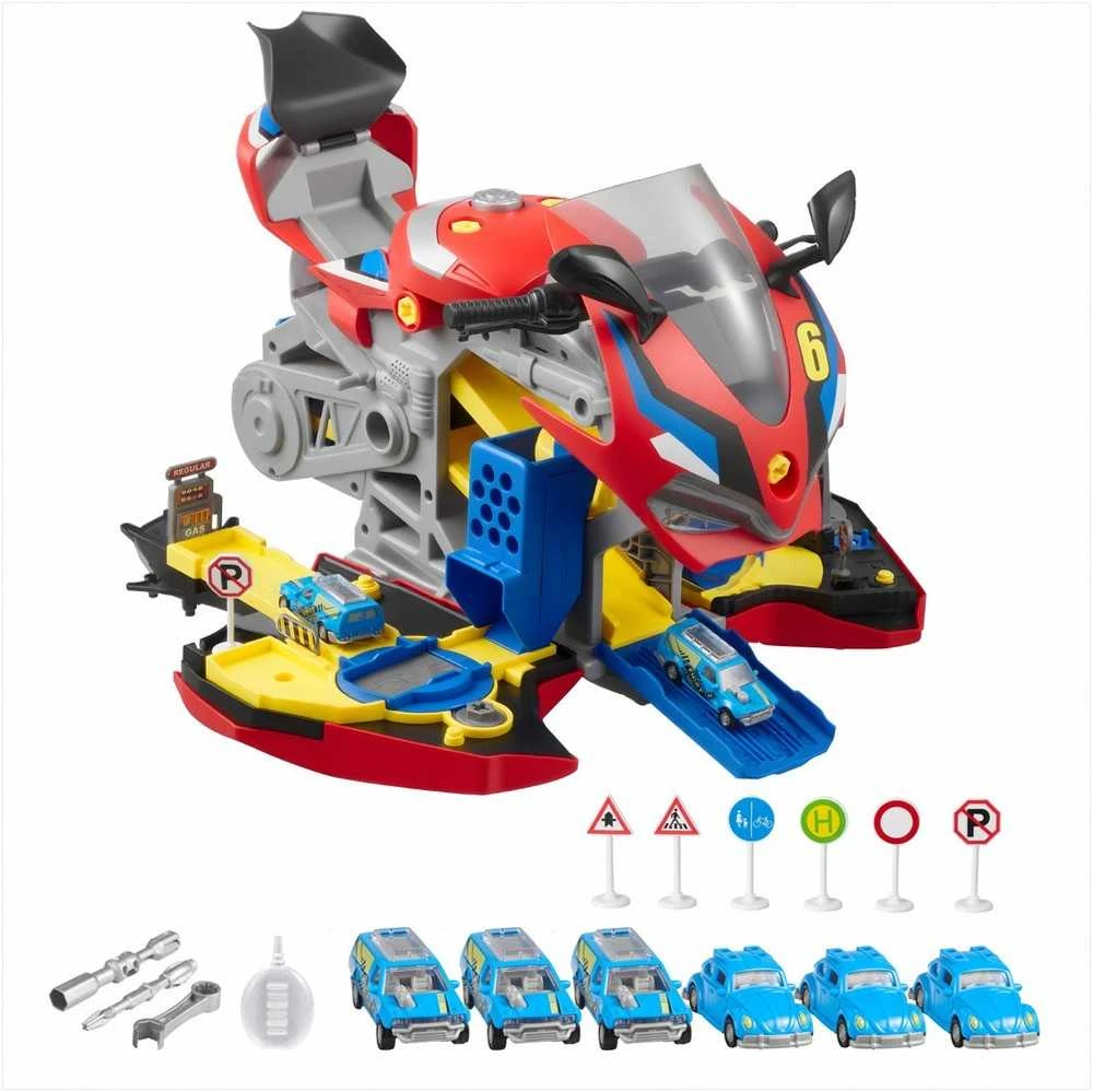 Motociklo mechaniko žaislas vaikams su nuimamomis dalimis, šviesomis ir garsais, STEM mokymosi rinkinys su lenktynių trasa, 6-in-1 žaidimas, motociklo variklio žaislas, vaikiškų dirbtuvių rinkinys, mechaniko žaislas mažyliams
