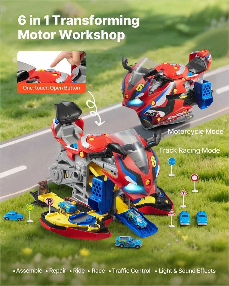 Motociklo mechaniko žaislas vaikams su nuimamomis dalimis, šviesomis ir garsais, STEM mokymosi rinkinys su lenktynių trasa, 6-in-1 žaidimas, motociklo variklio žaislas, vaikiškų dirbtuvių rinkinys, mechaniko žaislas mažyliams
