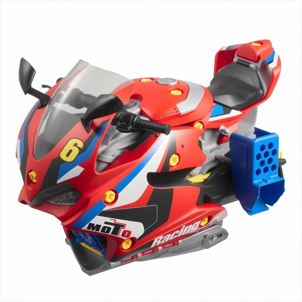 Motociklo mechaniko žaislas vaikams su nuimamomis dalimis, šviesomis ir garsais, STEM mokymosi rinkinys su lenktynių trasa, 6-in-1 žaidimas, motociklo variklio žaislas, vaikiškų dirbtuvių rinkinys, mechaniko žaislas mažyliams