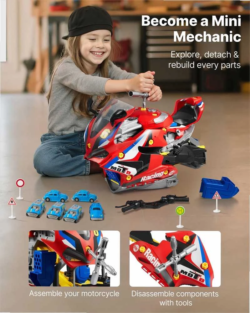 Motociklo mechaniko žaislas vaikams su nuimamomis dalimis, šviesomis ir garsais, STEM mokymosi rinkinys su lenktynių trasa, 6-in-1 žaidimas, motociklo variklio žaislas, vaikiškų dirbtuvių rinkinys, mechaniko žaislas mažyliams