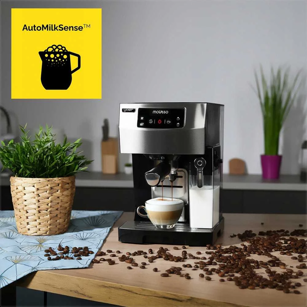 Mousso Automatinis slėginis kavos aparatas su pieno putų plakikliu, 20 bar nerūdijantis plienas, 1450W, espresso aparatas, kavos virimo aparatas su kapučinatoriumi
