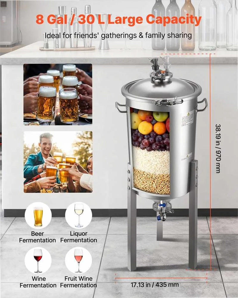 Nerūdijančio plieno kūginis fermentatorius 30 litrų namų alaus gamybos talpa, su reguliuojamomis kojelėmis ir integruotu termometru, 30 l fermentacijos kibiras, kūginio dugno fermentatorius