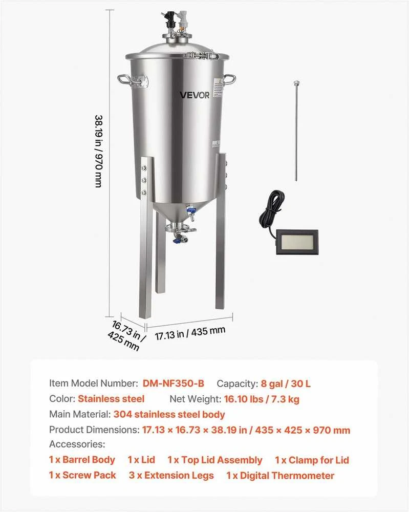 Nerūdijančio plieno kūginis fermentatorius 30 litrų namų alaus gamybos talpa, su reguliuojamomis kojelėmis ir integruotu termometru, 30 l fermentacijos kibiras, kūginio dugno fermentatorius
