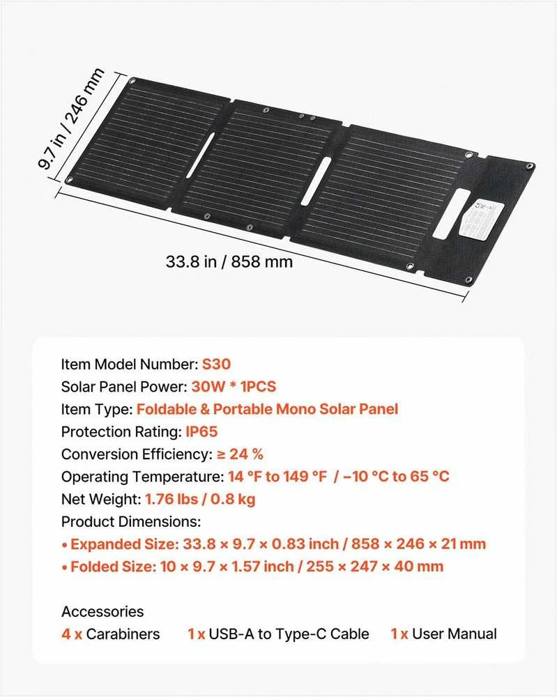 VEVOR Sulankstomas 30W saulės kolektorius, USB ir Type-C