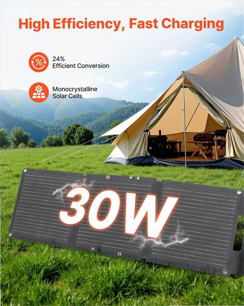 VEVOR Sulankstomas 30W saulės kolektorius, USB ir Type-C