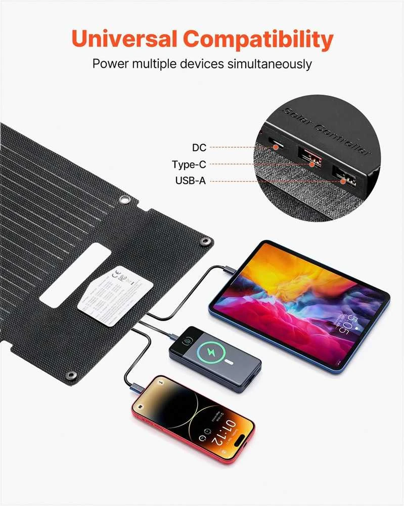 VEVOR Sulankstomas 30W saulės kolektorius, USB ir Type-C