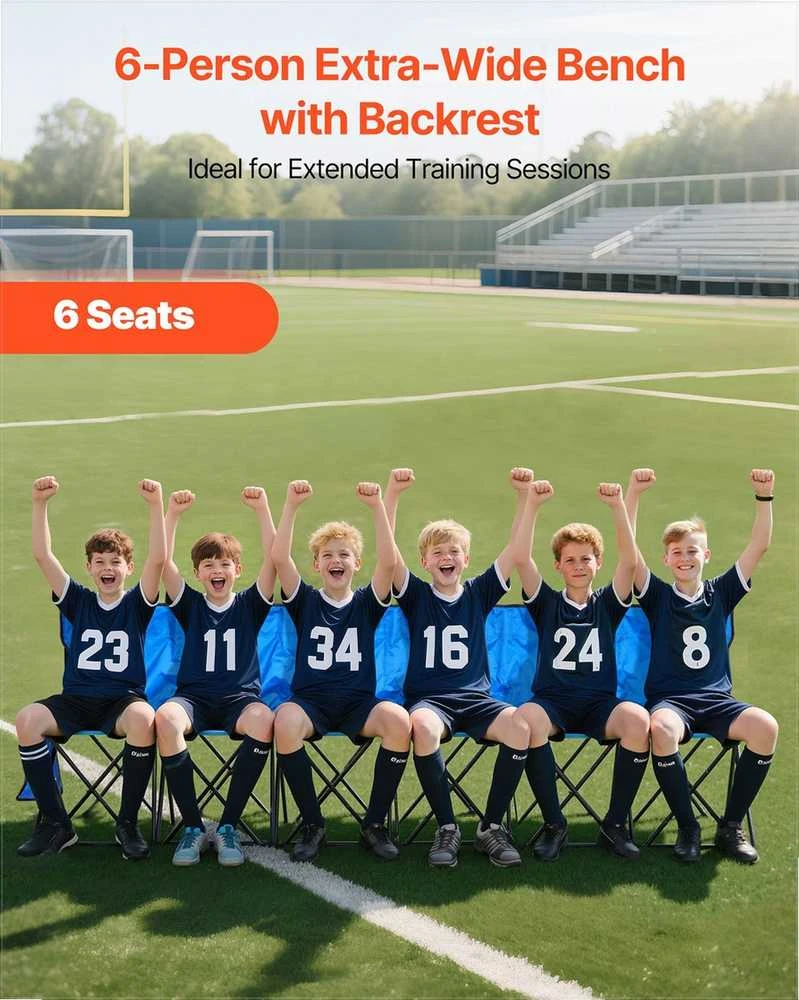 Nešiojamas sulankstomas suoliukas sportui ir lauko renginiams, 6 vietų mėlynas su šoninėmis kišenėmis ir atlošu, sulankstomas šoninės linijos suoliukas, stovyklavimo sėdėjimo suoliukas