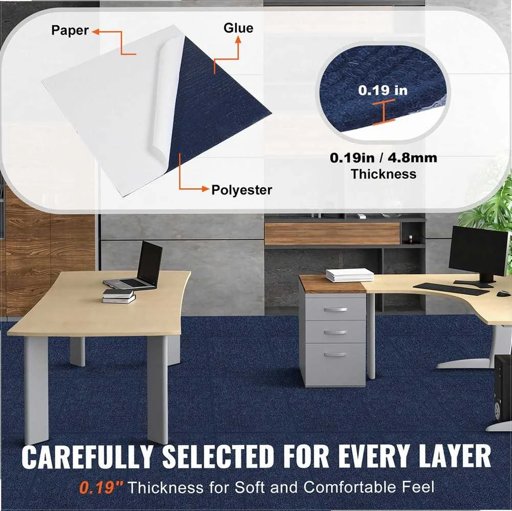 Nulupamos ir priklijuojamos kiliminės plytelės, minkštos paminkštintos tamsiai mėlynos, „pasidaryk pats“ grindų danga vidaus ir lauko sąlygoms, 610 x 610 mm modulinės kiliminės plytelės, lengvai montuojami kiliminiai kvadratai
