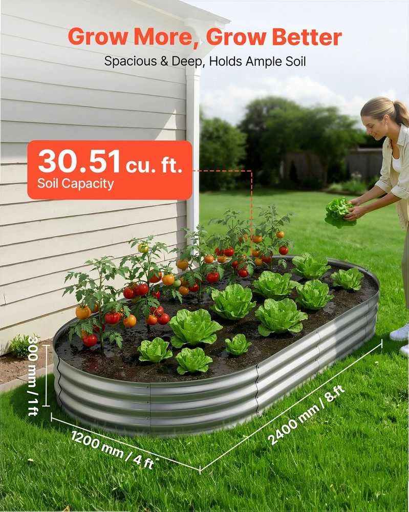 Ovali cinkuota pakeliama lysvė daržovėms ir gėlėms sodinti, pakeliama lysvė be dugno, nerūdijanti aliuminio-cinko konstrukcija, sidabrinė sodo dėžė