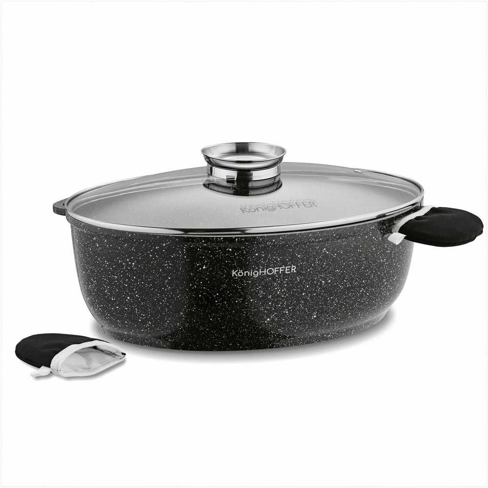 Konighoffer Ovalus keraminis troškintuvas indukcinei viryklei, 8 l talpa, stiklinis dangtis su aromatizatoriumi, neprisvylanti akmens apdaila, didelis šeimyninis puodas troškinimui