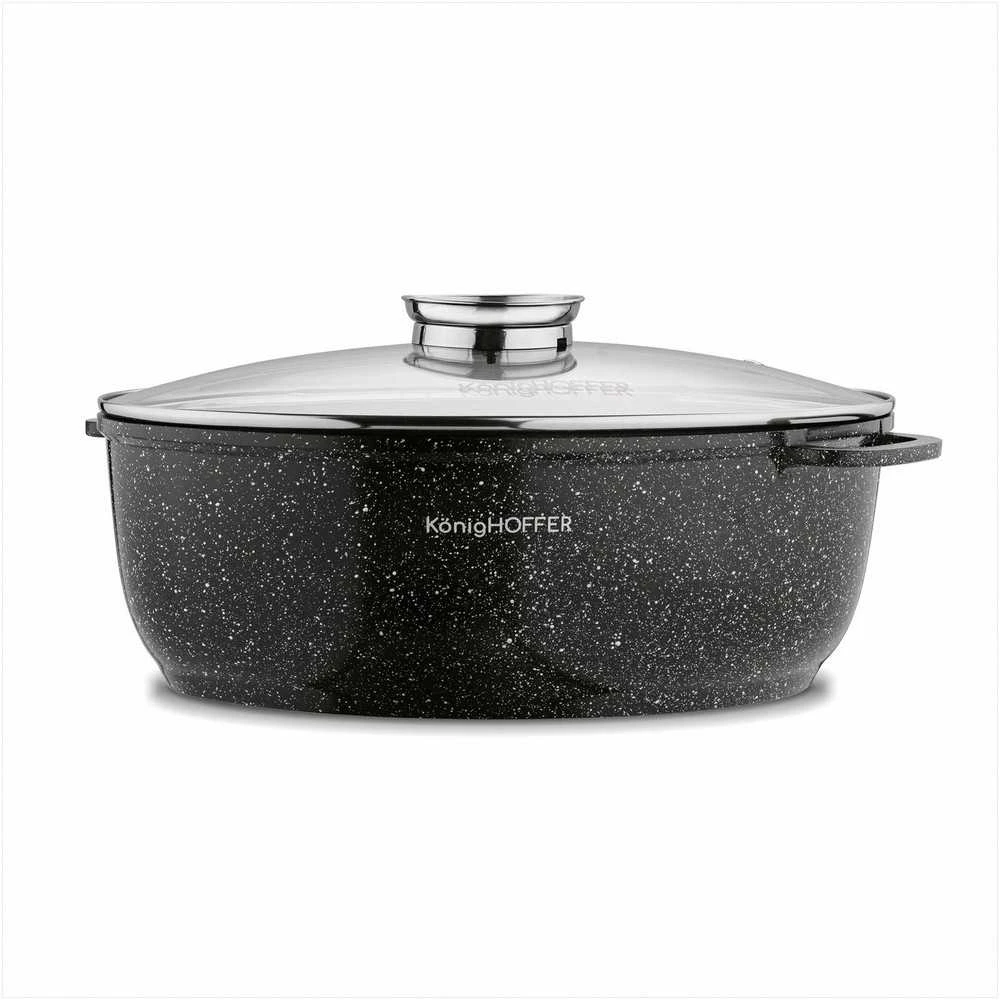 Konighoffer Ovalus keraminis troškintuvas indukcinei viryklei, 8 l talpa, stiklinis dangtis su aromatizatoriumi, neprisvylanti akmens apdaila, didelis šeimyninis puodas troškinimui