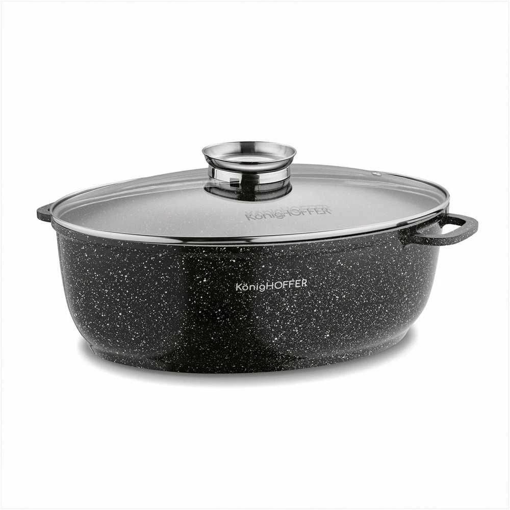 Konighoffer Ovalus keraminis troškintuvas indukcinei viryklei, 8 l talpa, stiklinis dangtis su aromatizatoriumi, neprisvylanti akmens apdaila, didelis šeimyninis puodas troškinimui