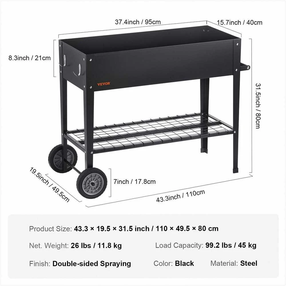 Pakelta lysvė sodinimui lauke, pakeltas metalinis vazonas su ratukais, 108 cm × 49.5 cm × 80 cm sodo konteineris, juoda cinkuota sodo dėžė