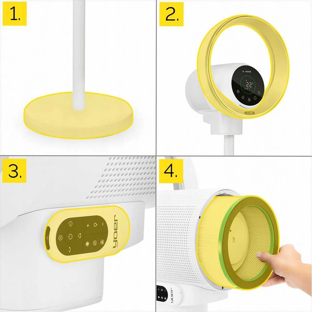 Pastatomas ventiliatorius be menčių 4in1 su oro gryninimo funkcija ir naktine lempa, WiFi valdymas, HEPA filtras ir UV lempa, išmanus ventiliatorius namams, oro valytuvas