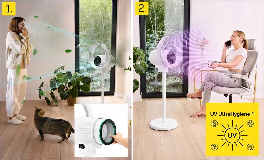 Pastatomas ventiliatorius be menčių 4in1 su oro gryninimo funkcija ir naktine lempa, WiFi valdymas, HEPA filtras ir UV lempa, išmanus ventiliatorius namams, oro valytuvas
