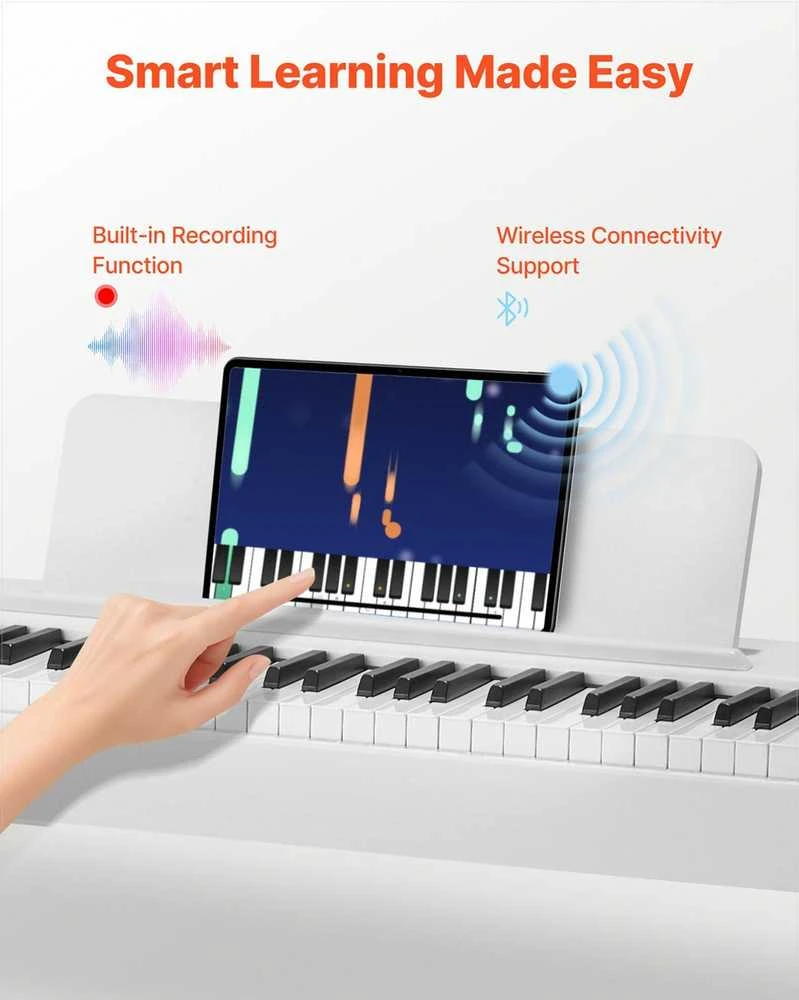 Pasvertas skaitmeninis pianinas 88 pilnai pasverti klavišai pradedantiesiems, su stovu ir trigubu pedalu, Bluetooth ir MIDI jungtimis, įrašymo funkcija, 280 tonų