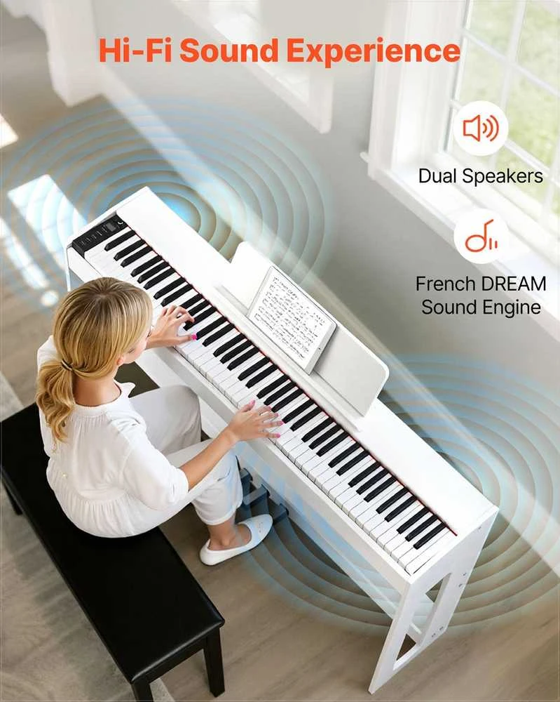 Pasvertas skaitmeninis pianinas 88 pilnai pasverti klavišai pradedantiesiems, su stovu ir trigubu pedalu, Bluetooth ir MIDI jungtimis, įrašymo funkcija, 280 tonų