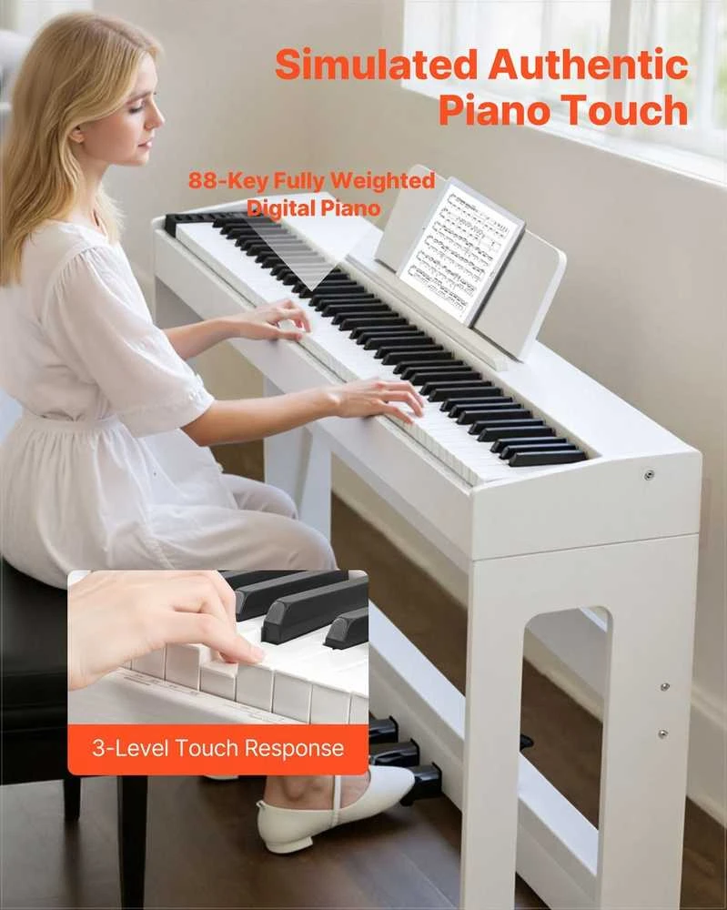 Pasvertas skaitmeninis pianinas 88 pilnai pasverti klavišai pradedantiesiems, su stovu ir trigubu pedalu, Bluetooth ir MIDI jungtimis, įrašymo funkcija, 280 tonų