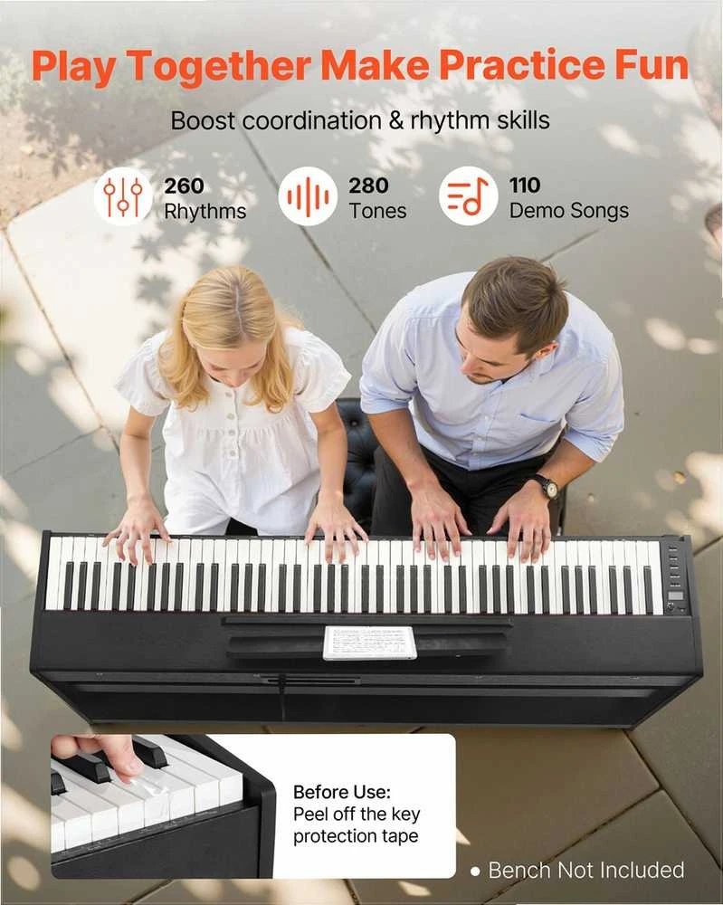 Pasvertas skaitmeninis pianinas pradedantiesiems, pilnai pasverta 88 klavišų klaviatūra su stovu, trigubu pedalu, 280 tonų, „Bluetooth“ ir MIDI, įrašymo funkcija