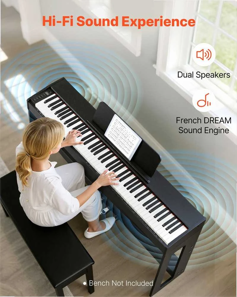 Pasvertas skaitmeninis pianinas pradedantiesiems, pilnai pasverta 88 klavišų klaviatūra su stovu, trigubu pedalu, 280 tonų, „Bluetooth“ ir MIDI, įrašymo funkcija