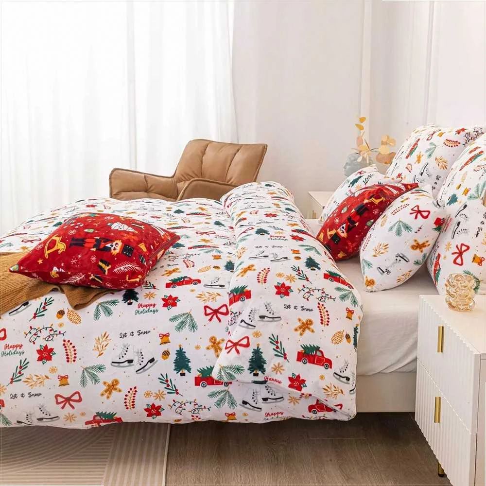 Balta kalėdinė mikropluošto patalynė 220x200 cm, jaukus pliušinis pojūtis, 3 dalių antklodės užvalkalas su pagalvėmis, lengvai prižiūrima žieminė patalynė, minkštas miegamojo komplektas