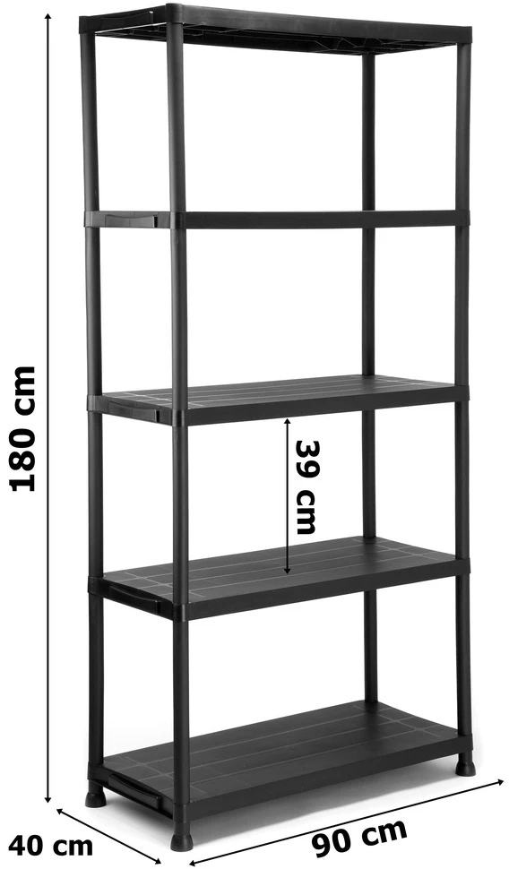 Plastikinė lentyna, 5 aukštų, 250 kg, garažui, rūsiui, sandėliavimo stelažas, juoda