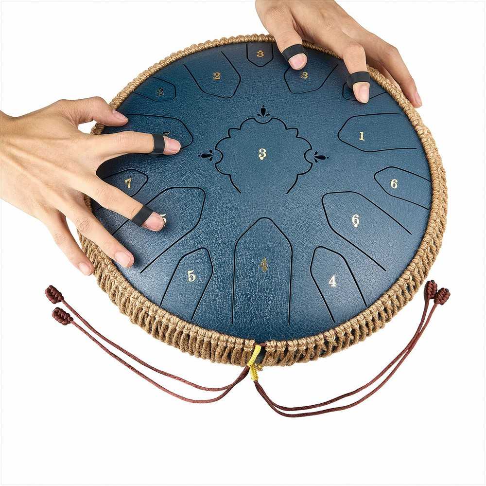 Plieninis liežuvėlinis būgnas 33 cm 15 natų meditacijai jogai, nešiojamas lydinio perkusinis instrumentas, tamsiai mėlynas lietaus būgnas