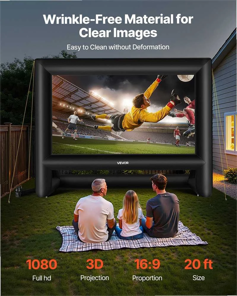 Pripučiamas kino ekranas 6,1 m lauko kiemo namų kinui, vandeniui atsparus plaunamas greitai surenkamas projektoriaus ekranas, nešiojamas 6,1 m pripučiamas kino ekranas