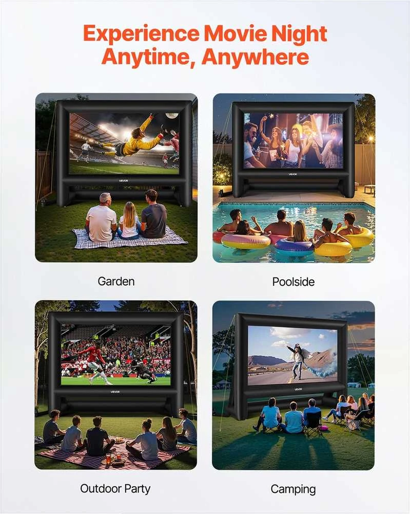 Pripučiamas kino ekranas 6,1 m lauko kiemo namų kinui, vandeniui atsparus plaunamas greitai surenkamas projektoriaus ekranas, nešiojamas 6,1 m pripučiamas kino ekranas