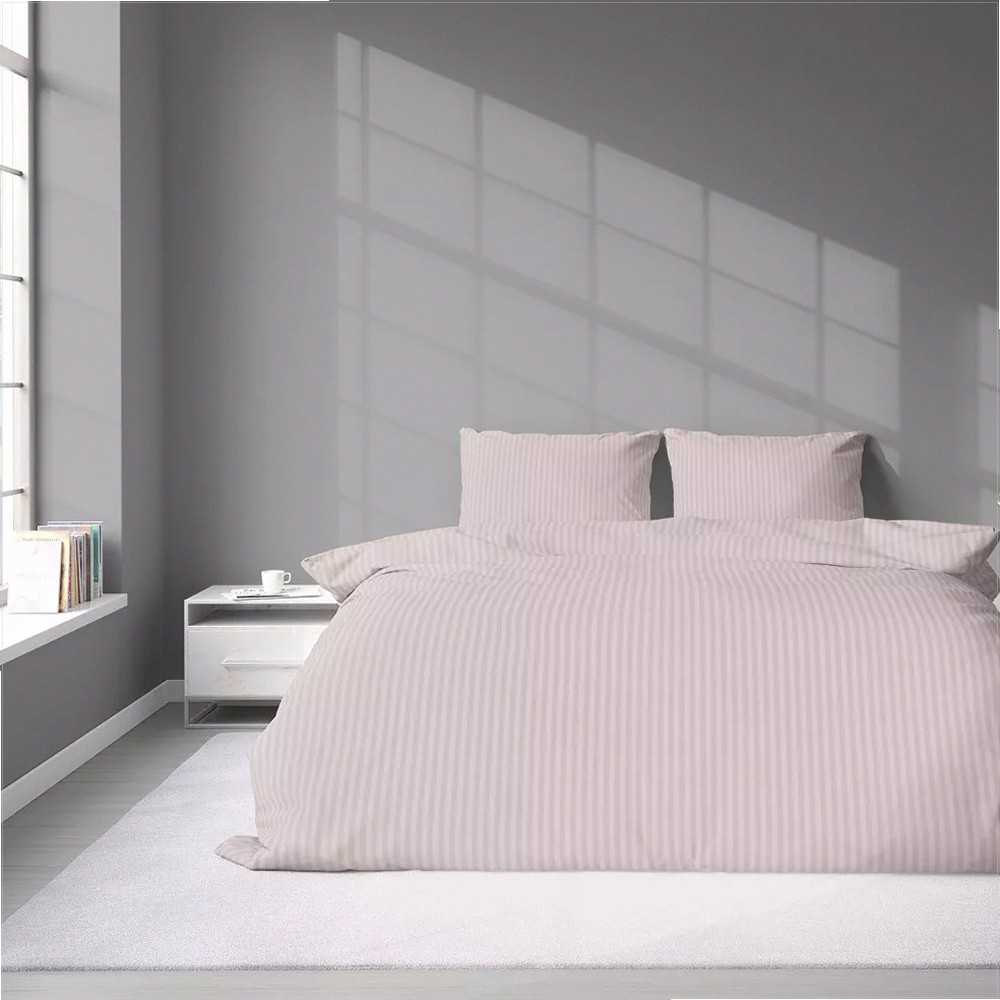 Detexpol Pudros rožinės spalvos dryžuotos medvilnės damasto patalynės komplektas, 180x200 cm antklodės užvalkalas su 2 pagalvių užvalkalais, OEKO-TEX sertifikatas, prabangi miegamojo tekstilė