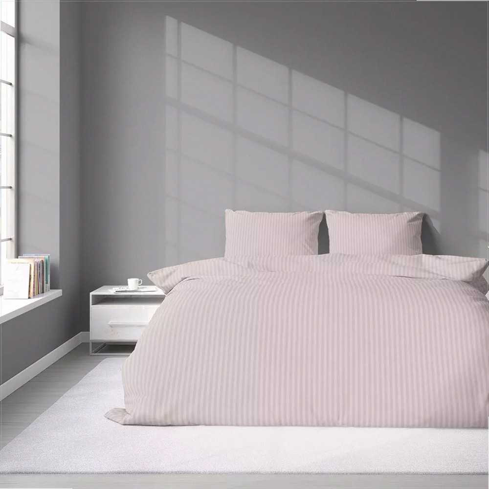 Pudros rožinės spalvos dryžuotos medvilnės damasto patalynės komplektas, 220x200 cm antklodės užvalkalas su pagalvių užvalkalais, OEKO-TEX sertifikatas, prabangi miegamojo tekstilė