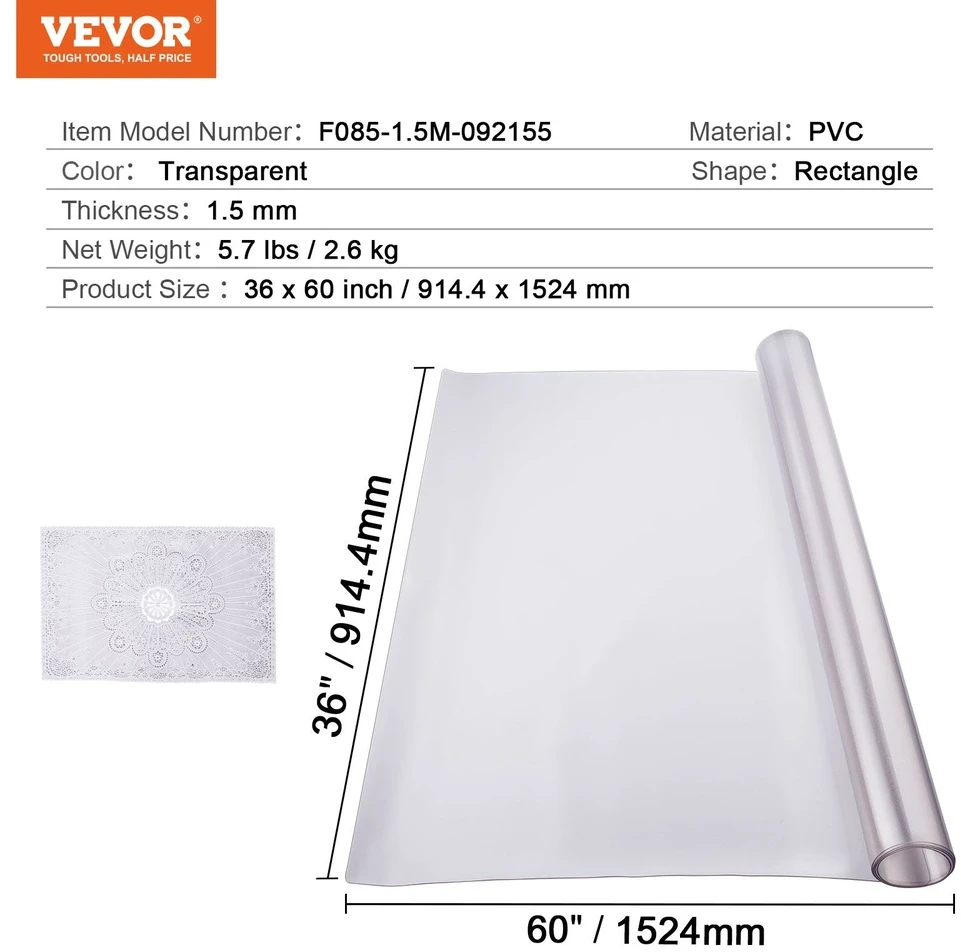 VEVOR pvc stalo apsauga 90x150 cm matinė 1.5mm