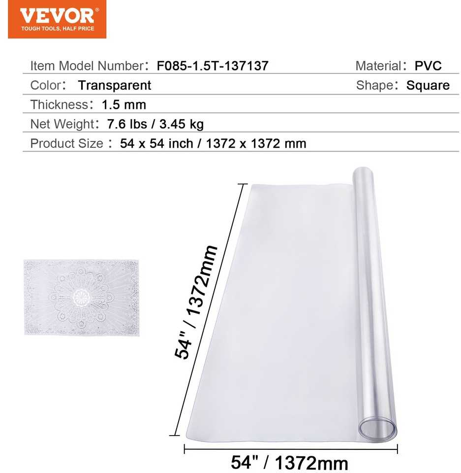 VEVOR PVC stalo apsauga, skaidrus, patvarus, 54 cm x 54 cm