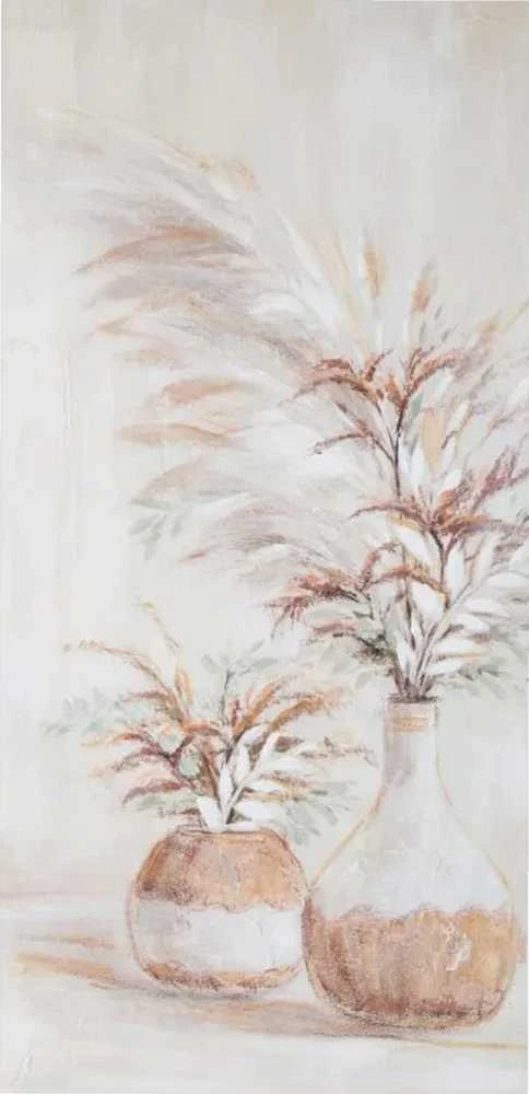 Eurofirany Rankomis tapytas paveikslas ant drobės, augalai vazose, smėlio spalvos tonai, 60x120 cm, boho ir skandinaviškas stilius, pailgas formatas svetainei ar miegamajam, sienų dekoras