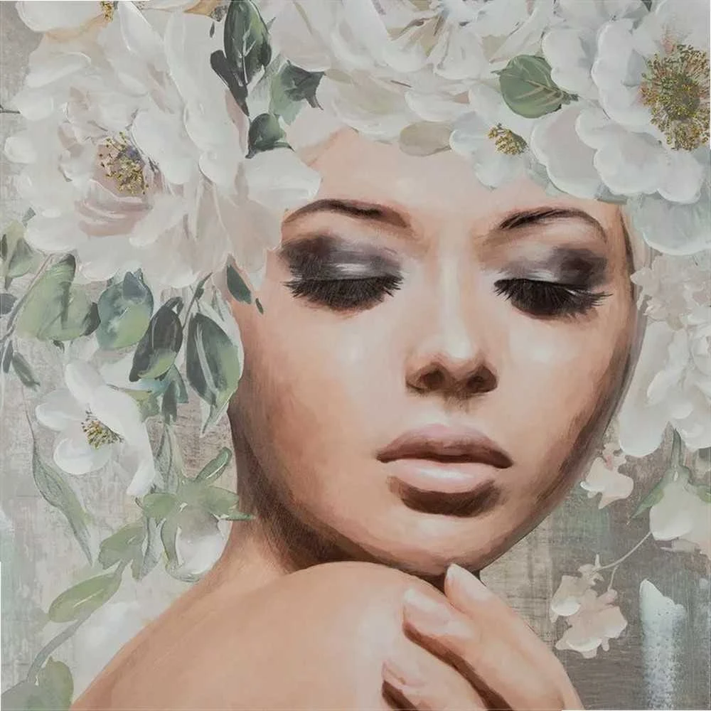Eurofirany Rankomis tapytas pilkas paveikslas ant drobės Moteris su gėlėmis, 80x120 cm, modernus elegantiškas dekoras, gėlių tapyba, šiuolaikinė sienų dekoracija, interjero detalė