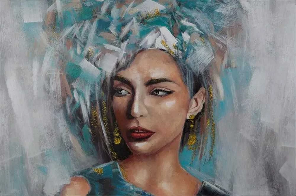 Eurofirany Rankomis tapytas pusiau abstraktus moters portretas, šalti pilki ir mėlyni tonai, didelis drobės paveikslas, 80x120 cm, emocingas meninis dekoras, sienų puošmena
