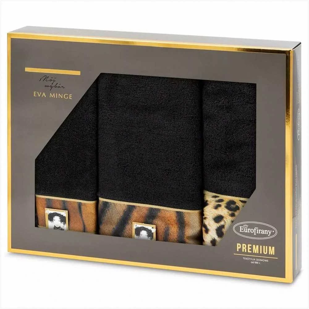 Rankšluostis Eurofirany Rankšluosčių rinkinys dėžutėje 3 dalių, 500g/m² medvilnė, juodas leopardo raštas, vonios rankšluosčiai, namų vonios kambario rinkinys, minkšta medvilnė