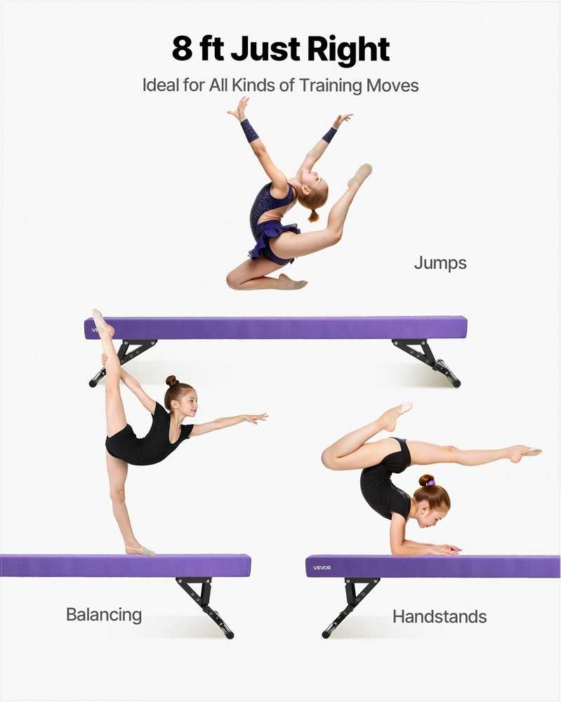Reguliuojamas gimnastikos balansavimo buomas vaikams, 2,44 m ilgio, 5 aukščio nustatymai, violetinis, naudojimui namuose ir sporto salėje, reguliuojamas balansavimo buomas, gimnastikos treniruočių buomas, gimnastikos įranga vaikams