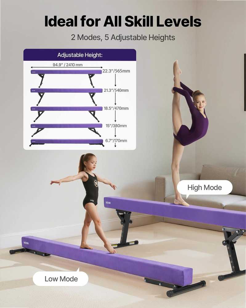 Reguliuojamas gimnastikos balansavimo buomas vaikams, 2,44 m ilgio, 5 aukščio nustatymai, violetinis, naudojimui namuose ir sporto salėje, reguliuojamas balansavimo buomas, gimnastikos treniruočių buomas, gimnastikos įranga vaikams